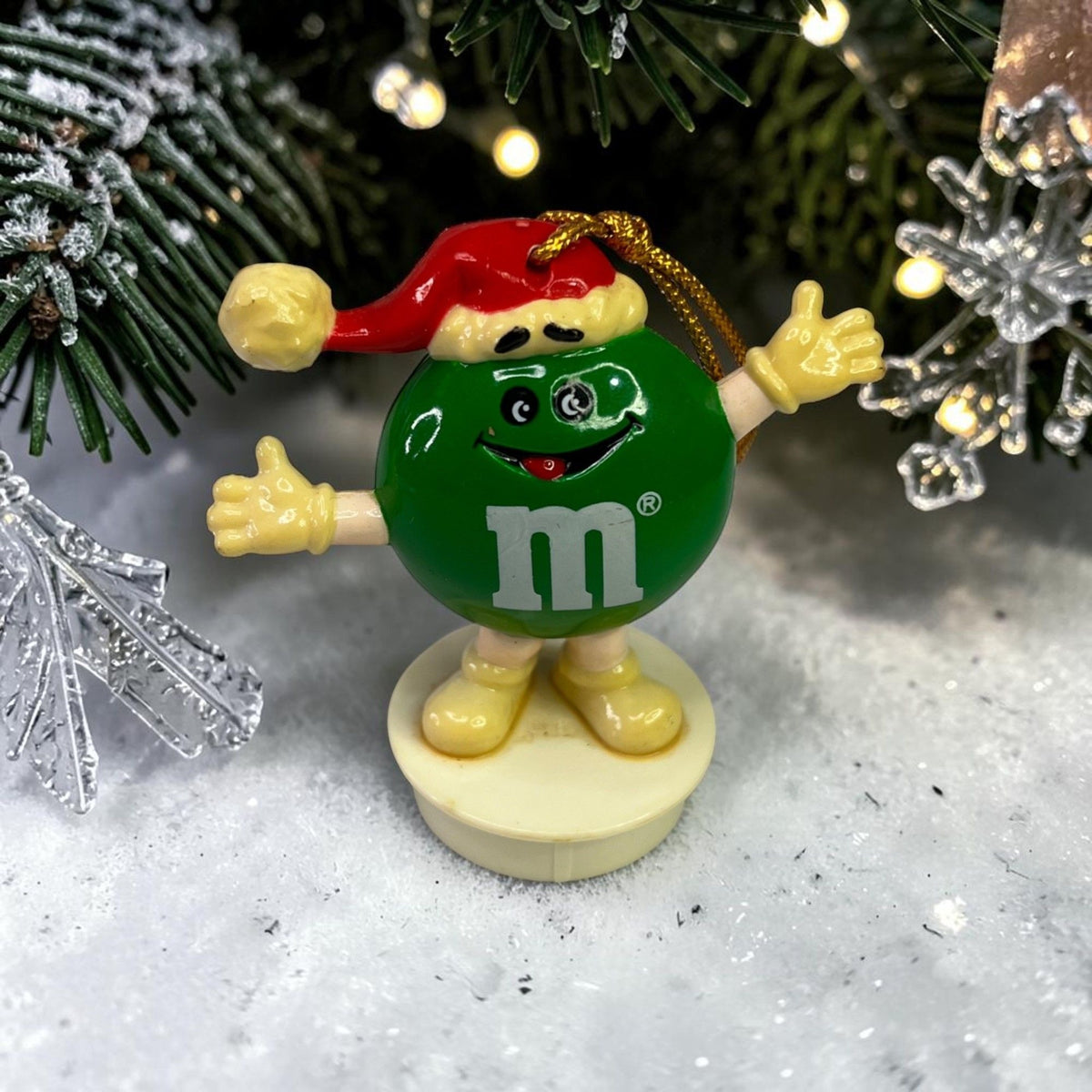 Vintage 1988 Green M&M Christmas Ornament Candy Tube Topper With