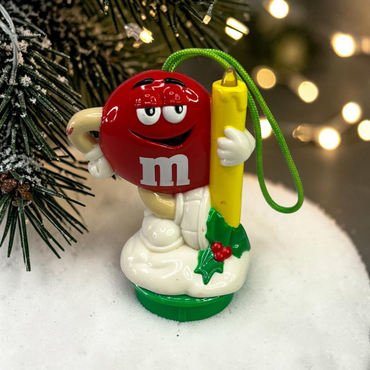 Red M&M Christmas Ornament Holding Yellow Candle 1990s Vintage