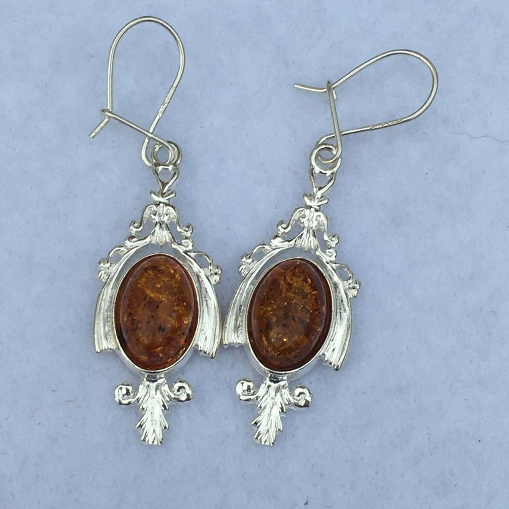 Sterling Silver 925 women's drop dangle earrings with cognac Baltic amber stones, elegant birthstone jewelry for a sophisticated look.