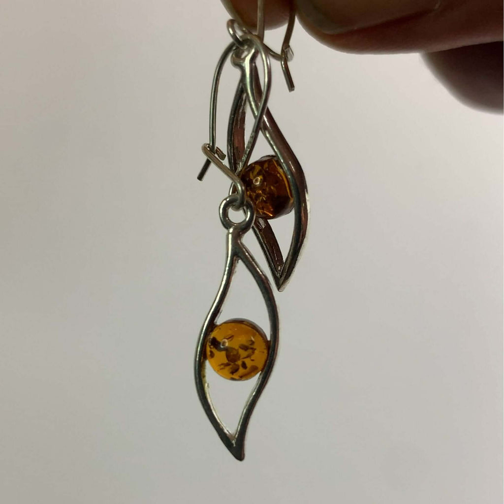 Sterling Silver 925 Cognac Amber Leaf Pattern Dangle Earrings, Baltic Amber Jewelry, Women's Birthstone Drop Earrings, Silver and Amber Fashion