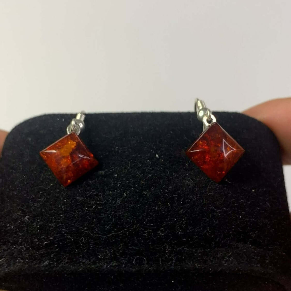 Sterling Silver 925 Diamond Shape Baltic Amber Drop Dangle Earrings with Beautiful Amber Colors on Black Display