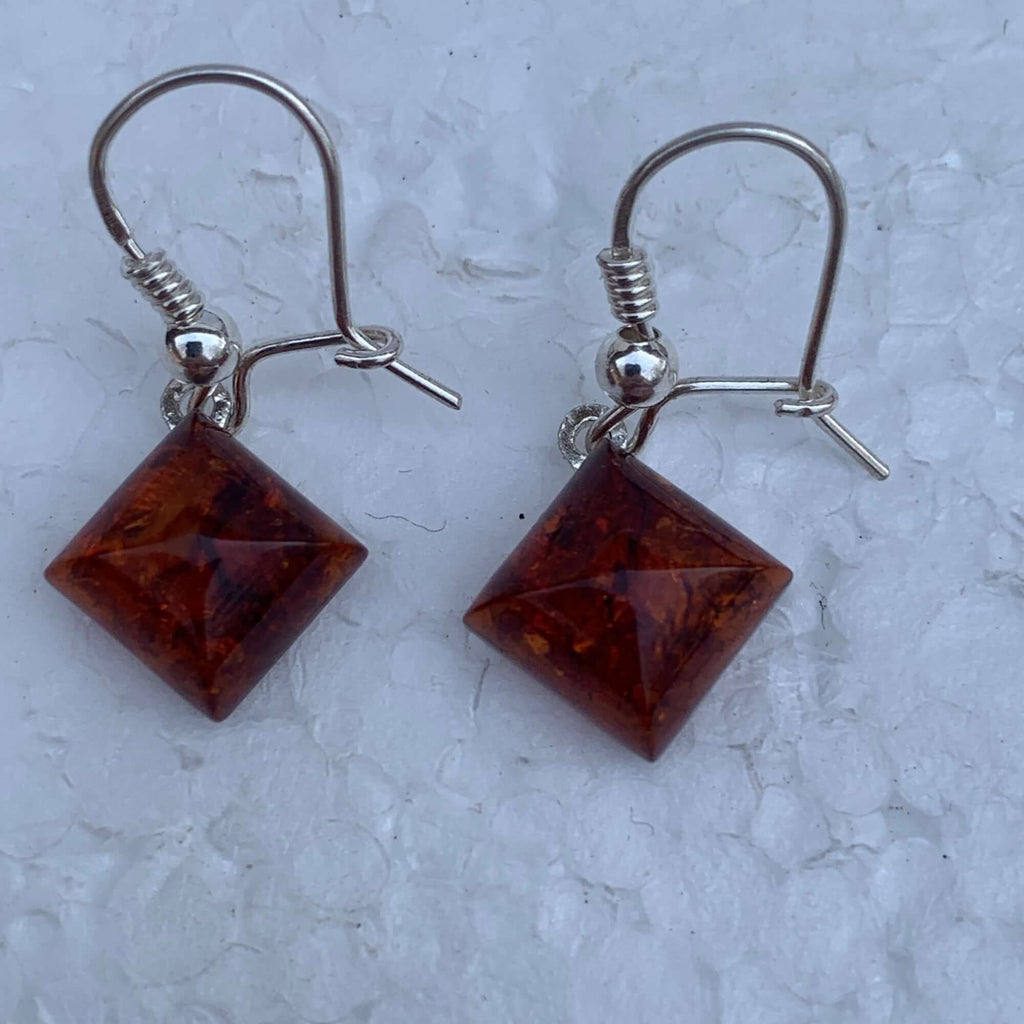 Sterling Silver 925 Diamond Shape Baltic Amber Drop Dangle Earrings