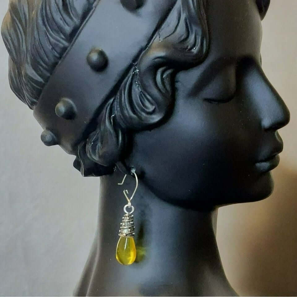 Sterling Silver Women’s Yellow Amber Drop Dangle Earrings on Black Bust Display