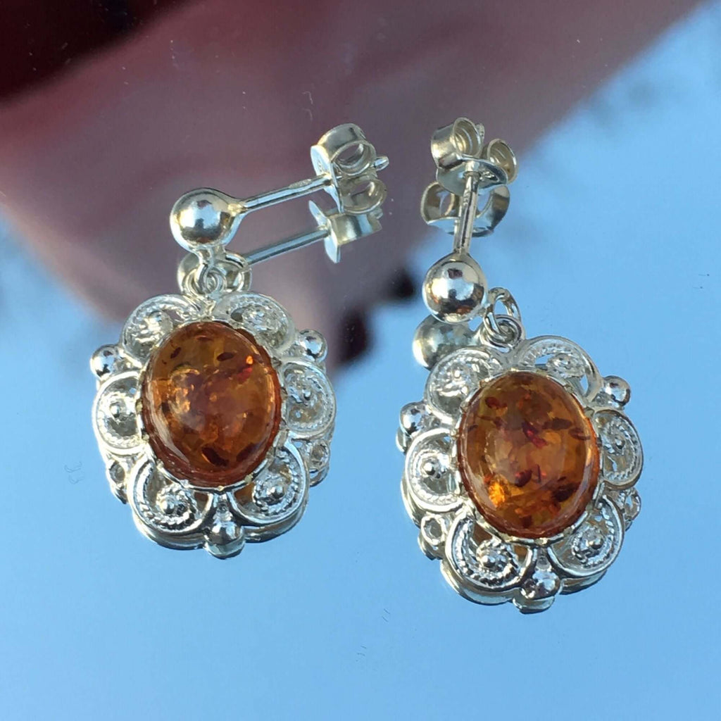 Sterling Silver 925 Women's Cognac Amber Stud Drop Earrings with Intricate Swirl and Dot Pattern, Perfect Birthstone Jewelry