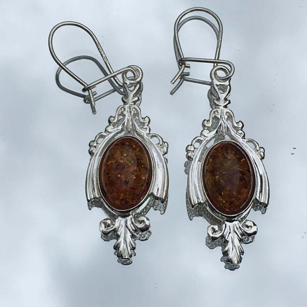 Sterling Silver 925 Women's Earrings with Cognac Amber Stone, Baltic Amber Dangle, Birthstone Jewelry, Drop Dangle Earrings with Beautiful Colors