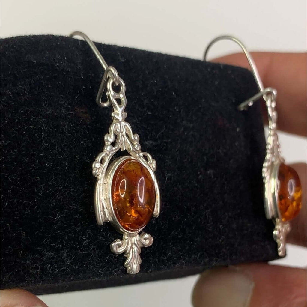 Sterling Silver 925 Beautiful Women's Silver and Cognac Amber Dangle Earrings