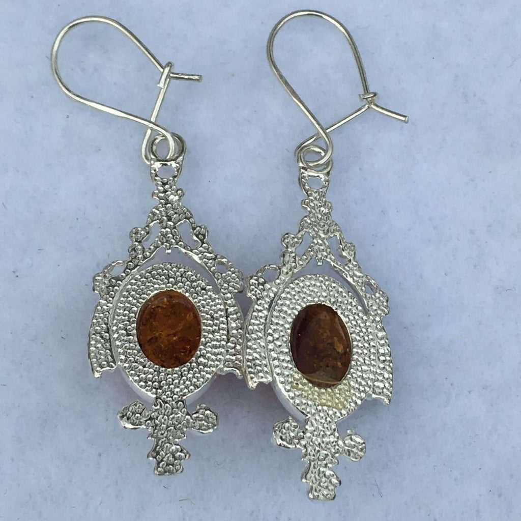 Sterling Silver Women's Earrings with Cognac Amber Stone - Beautiful Drop Dangle Design - Perfect Silver Jewelry for Women.