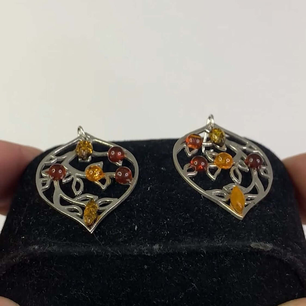 Sterling Silver 925 Amber Leaf Drop Dangle Earrings with 6 Multi-Colored Amber Stones, Perfect Women's Fashion Jewelry.