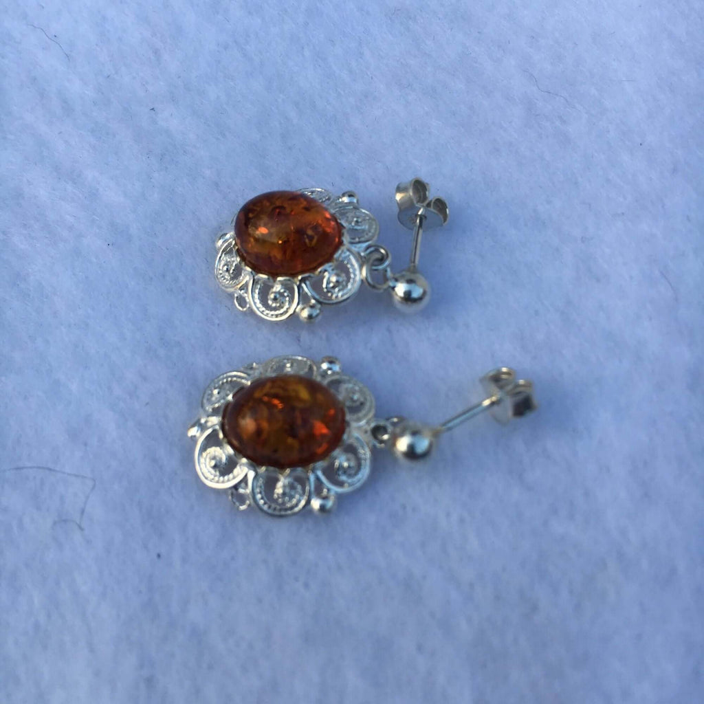 Sterling Silver 925 Women's Cognac Amber Stud Drop Earrings with Intricate Swirl Pattern - Amber Earrings, Silver Jewelry, Birthstone Jewelry