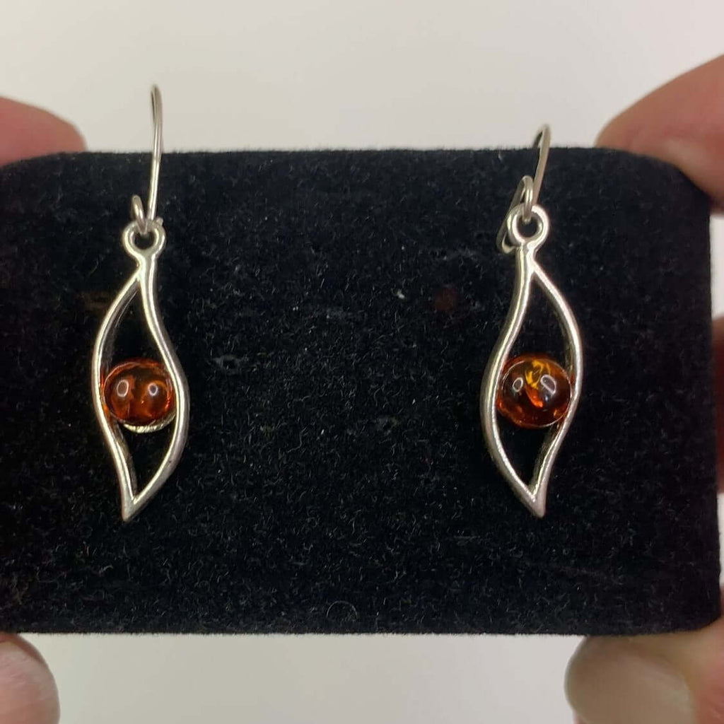 Sterling Silver 925 Cognac Amber Leaf Pattern Dangle Earrings for Women, Baltic Amber and Silver Jewelry, Birthstone Jewelry