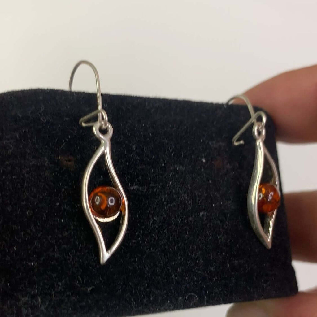 Sterling Silver 925 Cognac Amber Leaf Pattern Dangle Earrings – Baltic Amber, Elegant Women's Birthstone Jewelry, Versatile Fashion Accessory