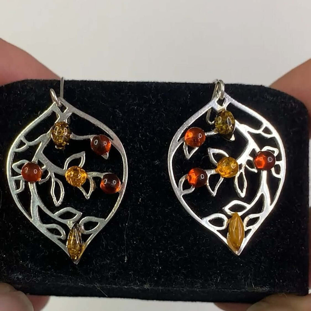 Sterling Silver 925 Amber Leaf Design Drop Dangle Earrings with 6 Multi-colored Amber Stones in Cognac, Green, and Yellow Hues