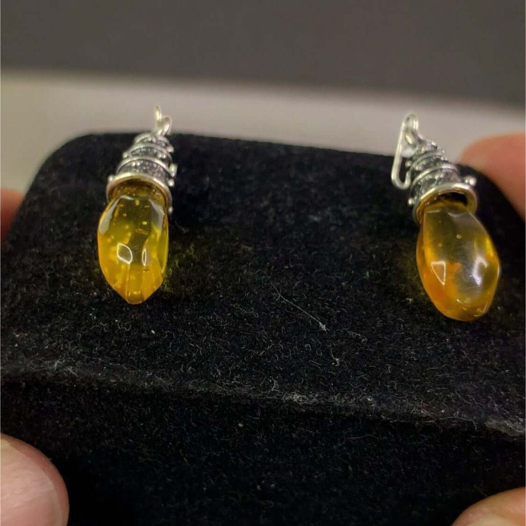 Sterling Silver 925 Women's Yellow Amber Dangle Earrings with inclusions on black display_holder