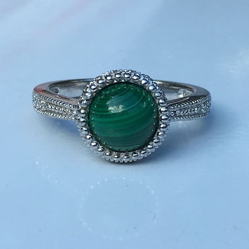 Malachite Sterling Silver Ring With Simulated Diamonds - Size 8 1/4